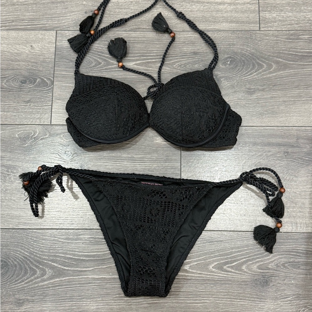 Victoria’s Secret Black Crochet Bikini Black Bead 36B bottoms: size small